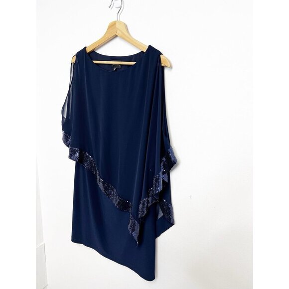 Xscape Capelet Mini Dress Navy Blue Sequin Trim Sheath Sheer Cape Sz 10 - Picture 3 of 12